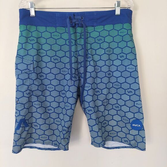RVCA AP Men's Board Shorts Size 32 Blue Turquoise Swim Trunks Surf Honeycomb - Picture 1 of 6